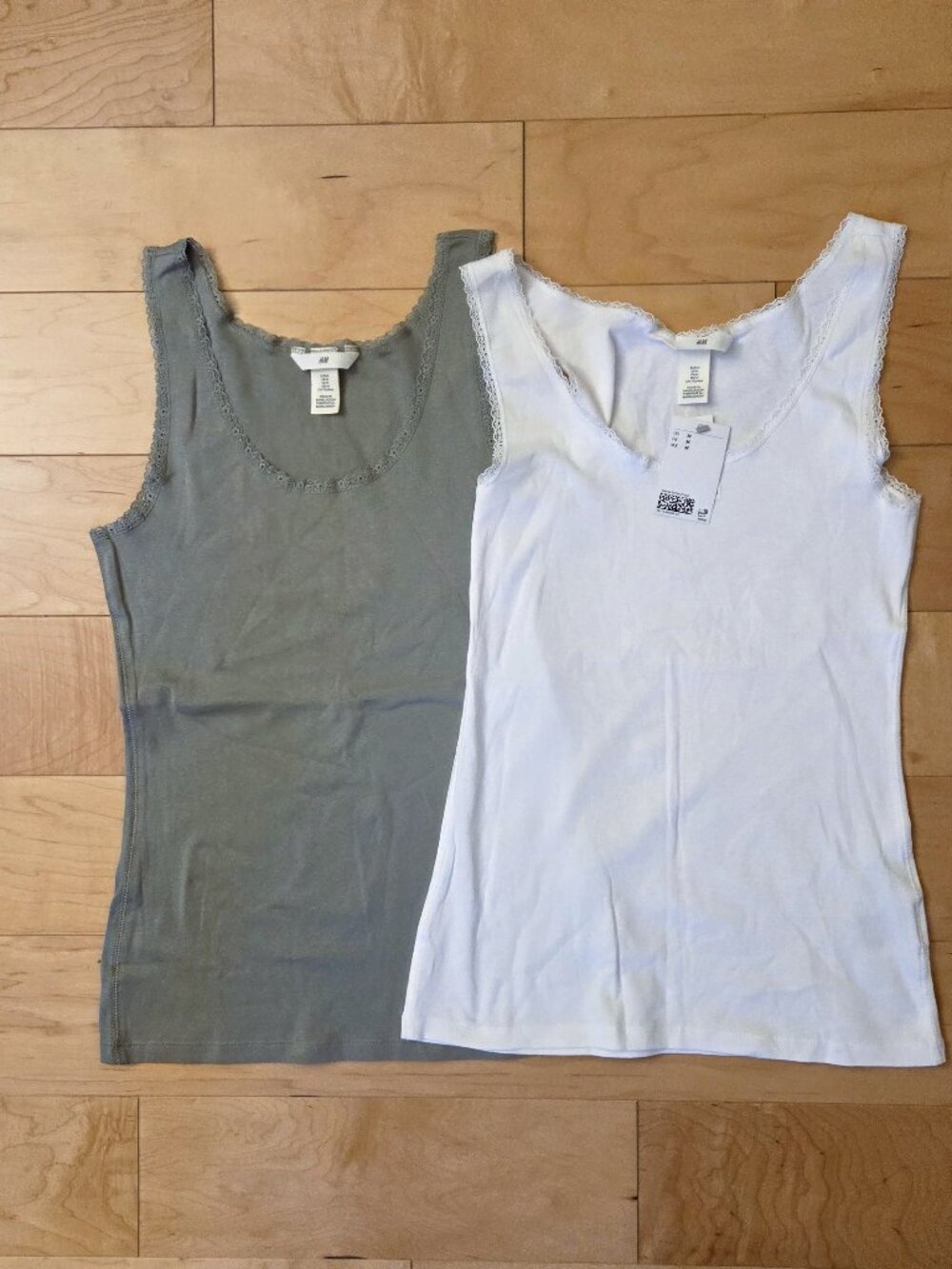 H&M sz M Two Cotton Tank Tops White and Khaki Lace Details NEW